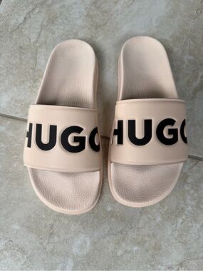 HUGO Blush Pink Logo Slide Sandals with Black Branding